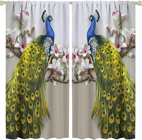 Miniatura 42 de Cortina opaca con estampado de pavo real, con estampado de animales retro, con bolsillo para cortinero y flores de peonía doradas, para dormitorio,