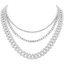 Gold Silver Chain Necklace for Men Women Iced Out Diamond Tennis and Cuban Link Chain Necklaces Hip Hop Jewelry Sets 3Pc 18/20/24 Inch