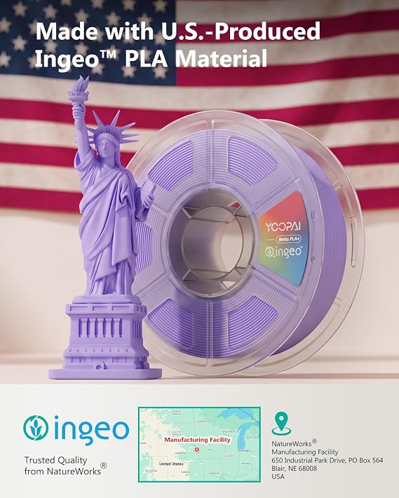 INGEO PLA+ Matte Filament 1.75mm Bundle, US-Sourced PLA, 250g x 8
