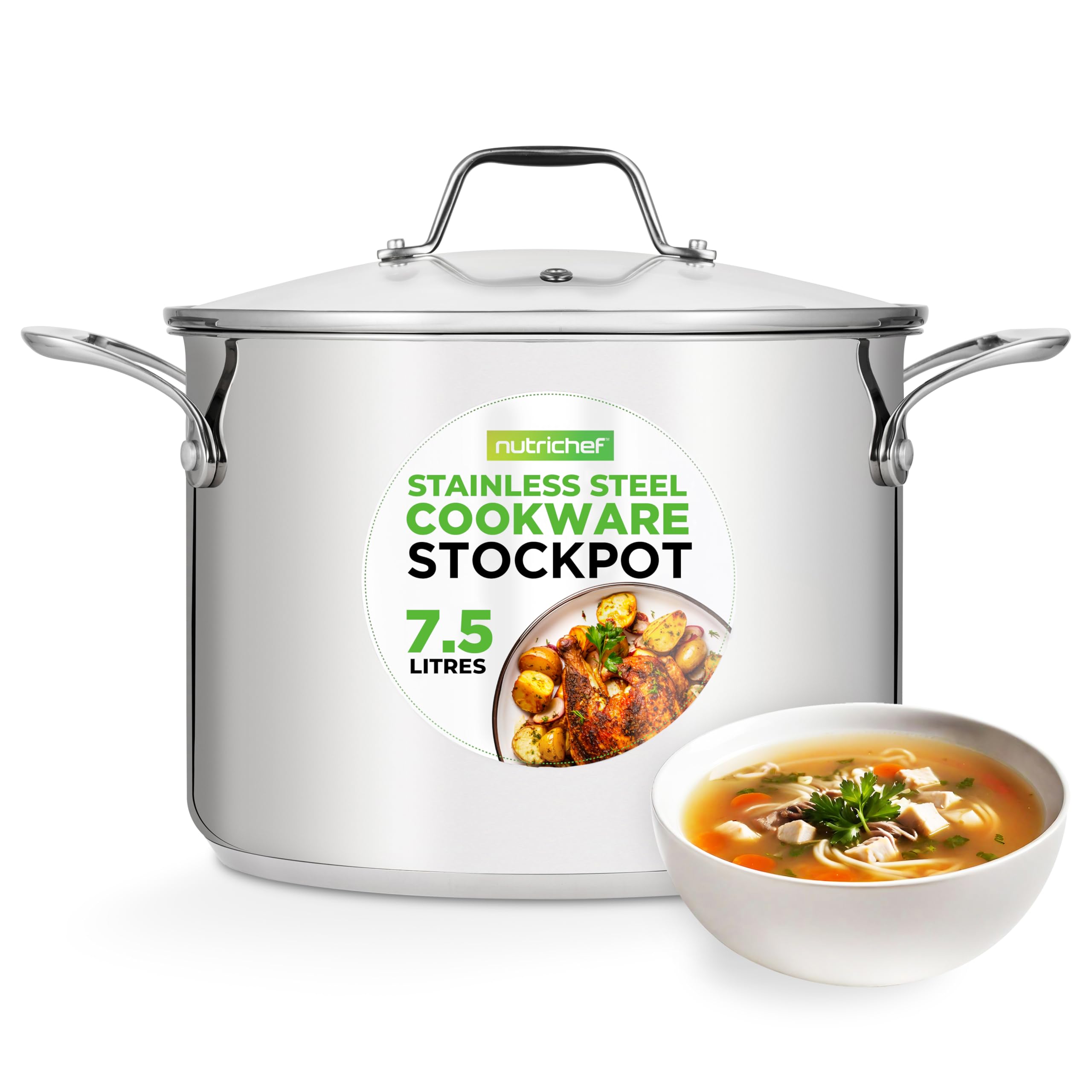 Large Stainless Steel Stock Pot with Lid - Big Soup Pot, Heavy Cooking Pot with Glass Lid - Stew Pot, Cookware Induction Pot, Mirror Finish Stockpot, Deep Casserole Pot, 8-Qt / 7.5 Litre