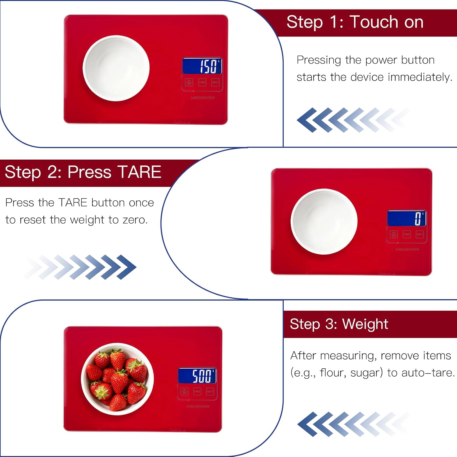 MegaWise Precision Food Scale, 33lb Waterproof Rechargeable Digital Kitchen Scale, 1g/0.04oz Precise Graduation, Weight Grams and Ounces for Cooking Baking, 5 Units Conversion, Tare Function (Red)