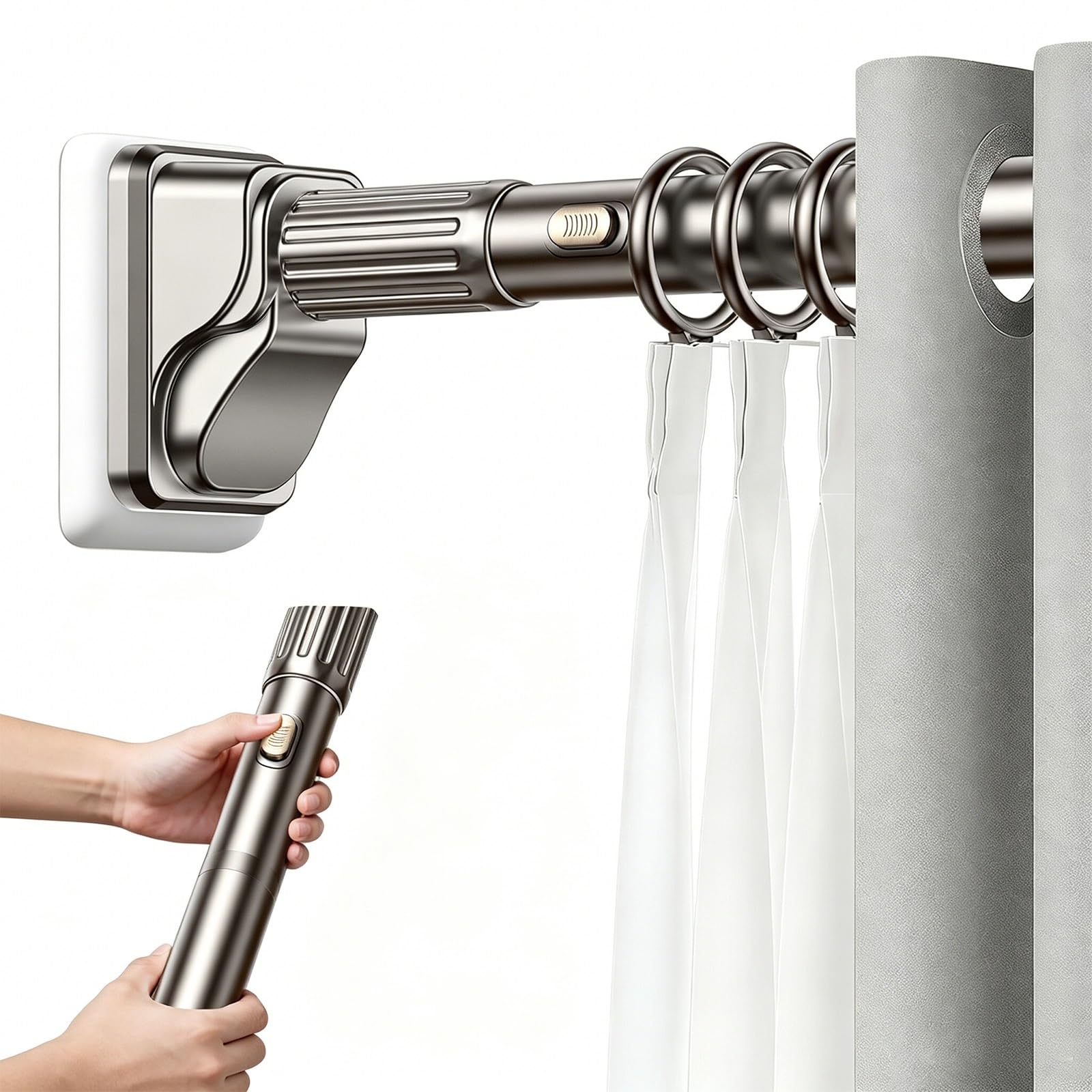 Adjustable Tension Curtain Rod, One Click Lock, Stainless Steel Shower Curtain Rod, Nonslip with 20 Curtain Rings for Window(Grey,330-400cm/129-157in)
