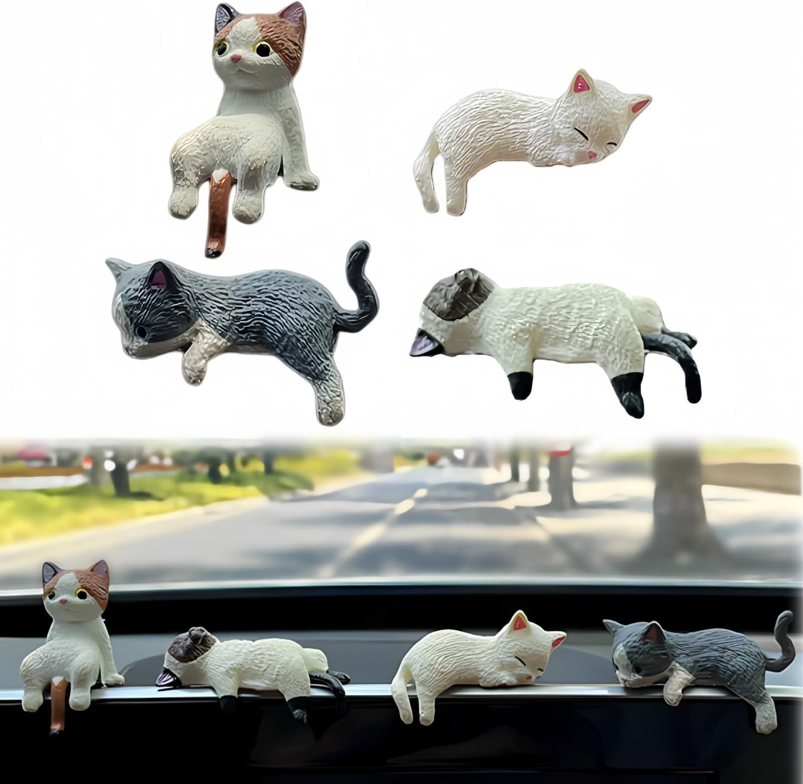 4Pcs Cute Mini Cat Figures,Cat Car Accessories,Car Interior Decoration Rear View Mirror Ornaments,Adorable Mini Figurines,Miniature Cat Ornaments for Home Decor,Dashboard,Bookshelf,Office Desk Decor