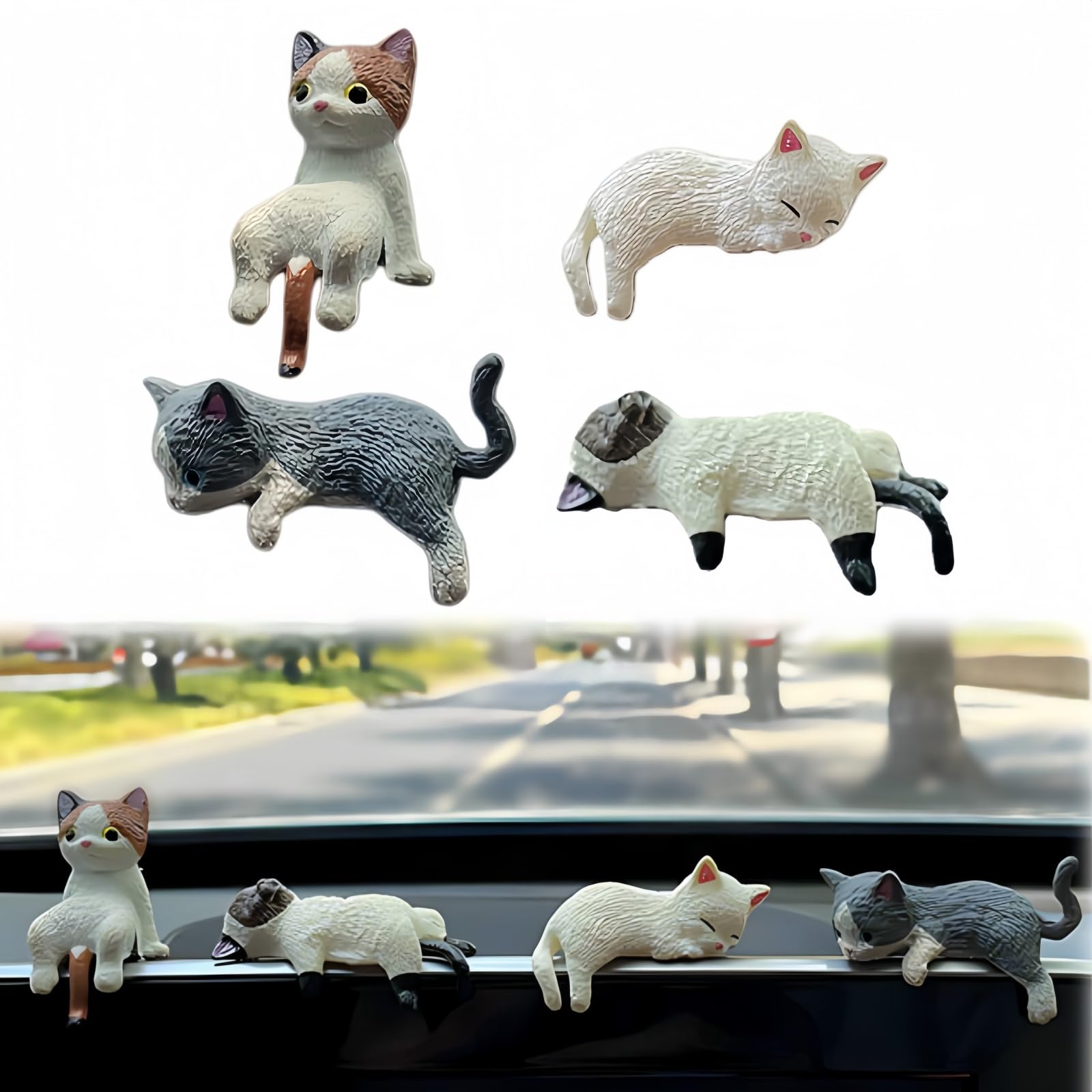 4Pcs Cute Mini Cat Figures,Cat Car Accessories,Car Interior Decoration Rear View Mirror Ornaments,Adorable Mini Figurines,Miniature Cat Ornaments for Home Decor,Dashboard,Bookshelf,Office Desk Decor