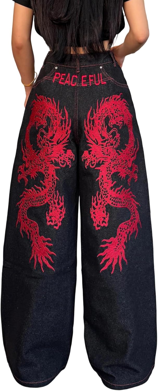 OYICAI Women's Baggy Jeans Embroidered Wide Leg Jeans Y2k Hip Hop Loose Fit Denim Pants Skater