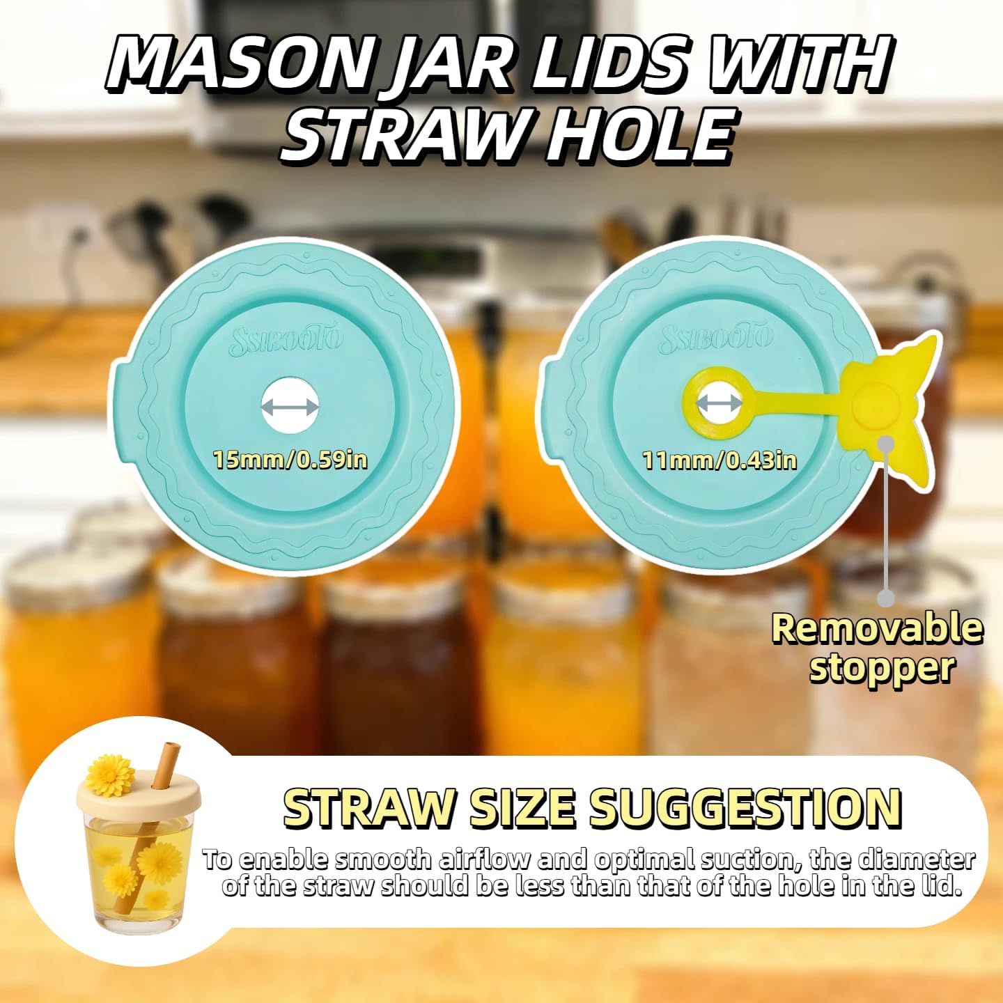 4 Pack Silicone Mason Jar Lids with Straw Hole,Regular&Wide Mouth