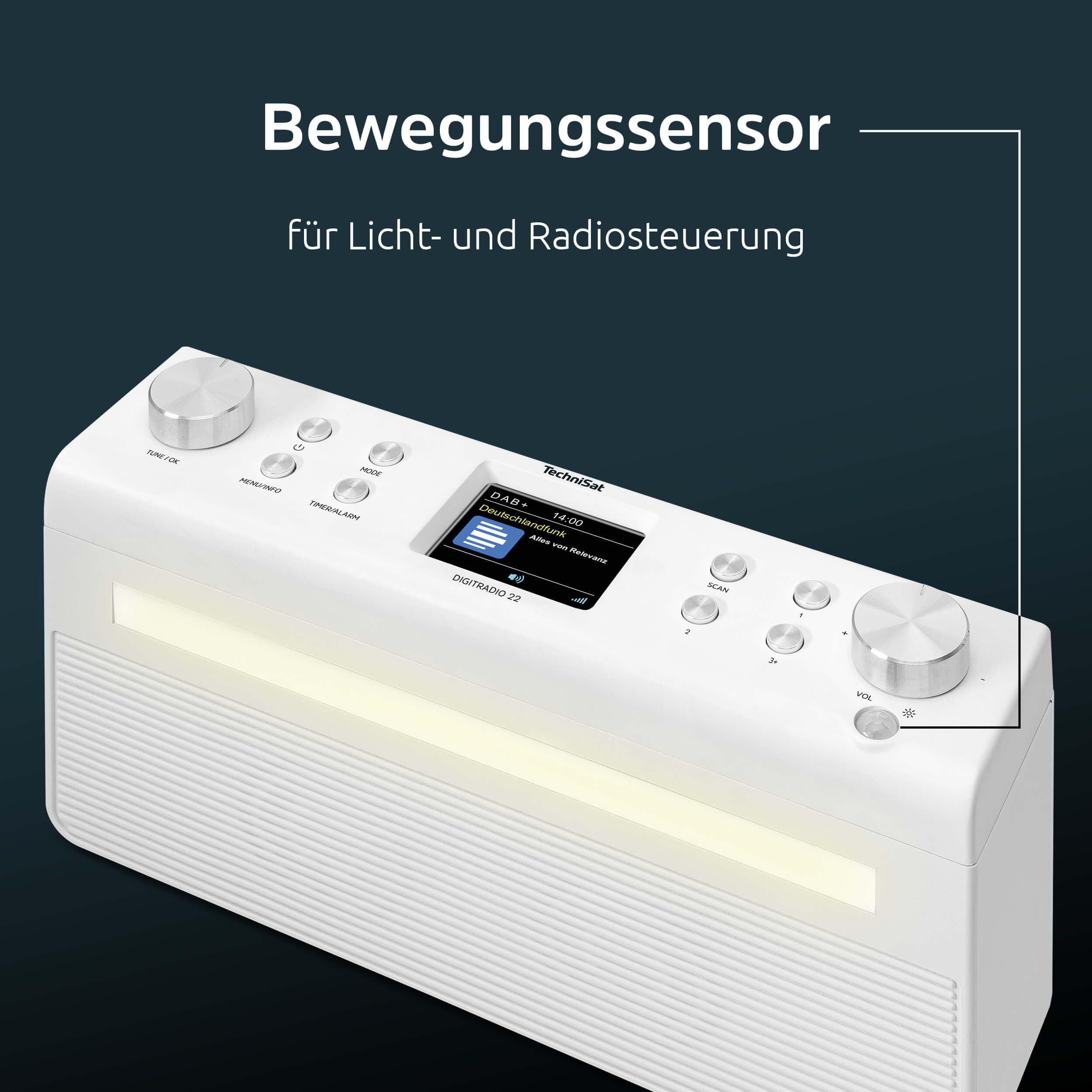 TechniSat DIGITRADIO 22 - Küchenradio mit Bewegungssensor (Unterbauradio inkl. Montageplatte, DAB+, UKW, 2" Farbdisplay, LED-Licht, Favoritenspeicher, Wecker, 2 Watt) weiß