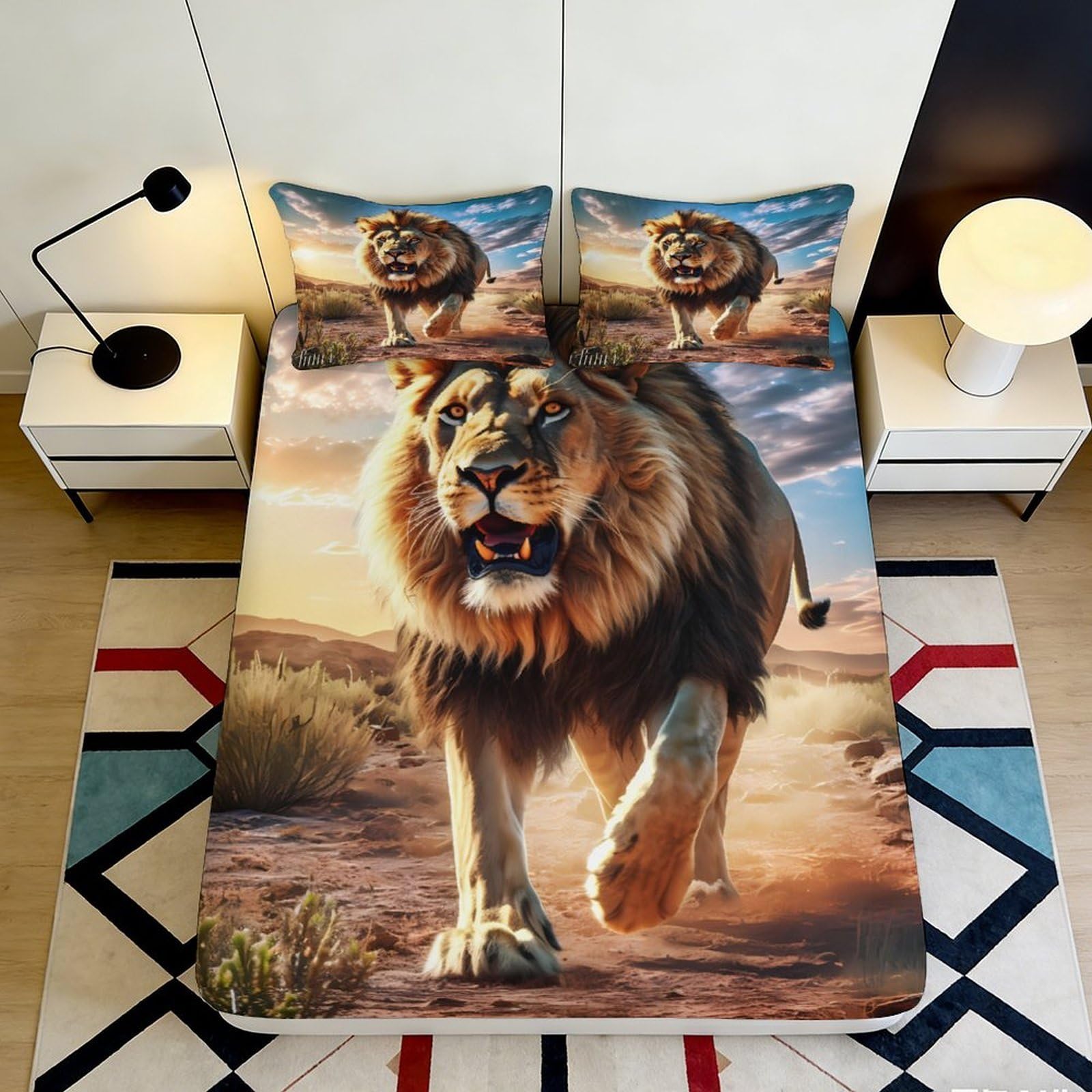 3D Printed Lion Animal Fitted Sheet Microfiber Soft Durable 3D Printed Wildlife Bed Cover for Bedroom Dormitory Guest Room Mattress Protection 120x200x25cm