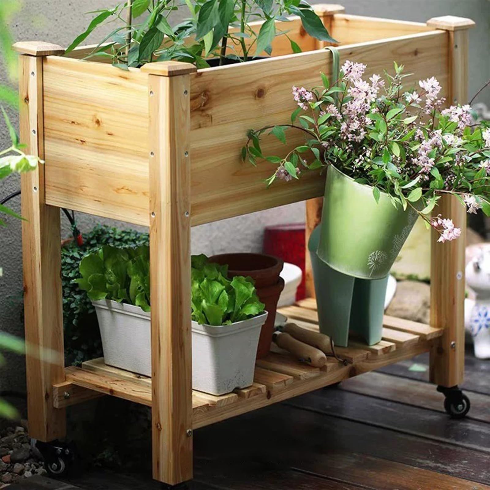 Jardinera Elevada de Madera Con Estante de Almacenamiento, Jardinera Independiente for Uso Interior y Exterior, Combina Almacenamiento y Plantación,For Balcones | Brown