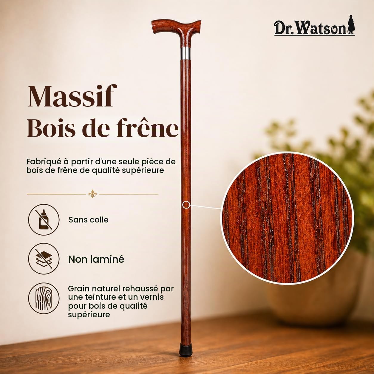 Dr. Watson Classic Fritz Walking Stick – Handcrafted Ash Wood Cane with Polished Stainless Steel Collar