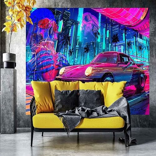 Miniatura 6 de Ine Ive Tapiz retro de los años 80 para automóvil, diseño de ciudad punk, astronauta psicodélico, neón, para colgar en la pared, tamaño grande, 100