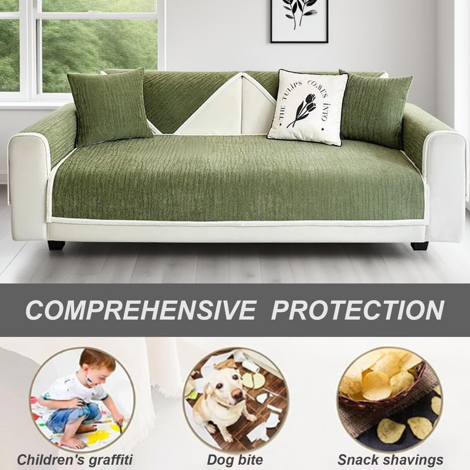 Sofa Überzug 1 2 3 4 Sitzer, Chenille Couch Überzug, Sofaschoner rutschfest, Sofabezug L Form, Sofadecken für Sitzfläche Washable, Grün, 90 x 160 cm