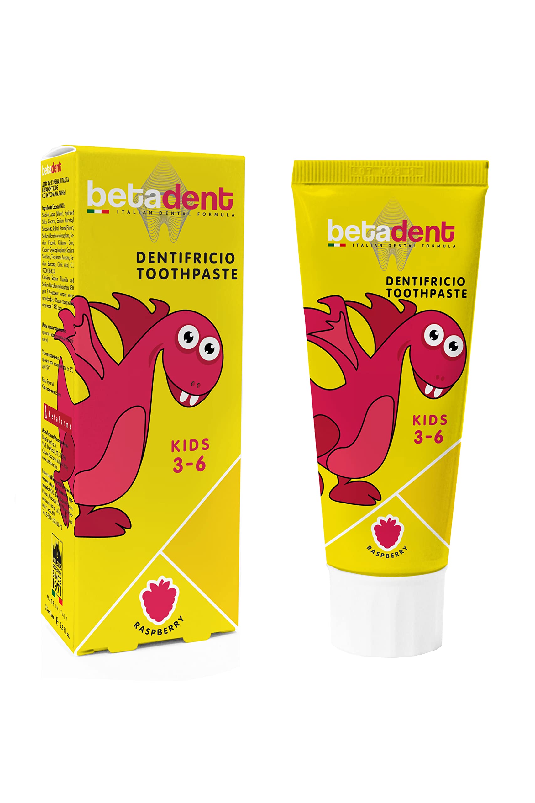 Betadent DENTIFRICIO KIDS für Kinder 3-6 Jahre Geschmack Himbeere Anti-Plaque und Anti-Karies, ausgewogene Dosierung von Fluorsalzen in einer Konzentration von 430 ppm F - 75 ml