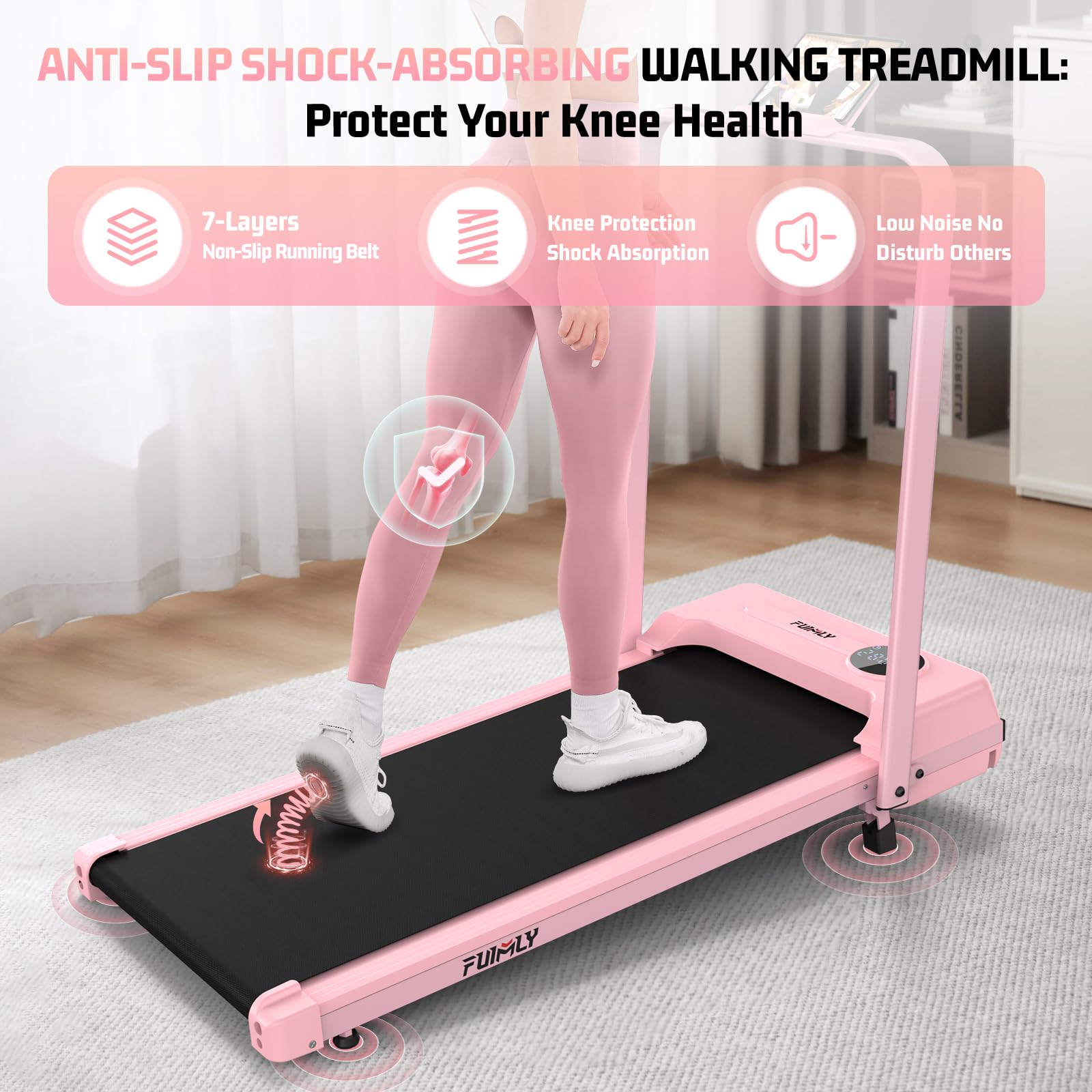FUNMILY Upgrade Walking Pad Folding Treadmill with 12%/15% & Handle Bar, 3.5HP Foldable Under Desk Compact Treadmills for Home/Office/Gym, 400+lb Capacity, Shock Absorption: Hot Pink