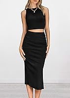 Vista 2 de PRETTYGARDEN Conjunto de 2 piezas de verano para mujer, cuello redondo, sin mangas, con abertura, falda midi Negro