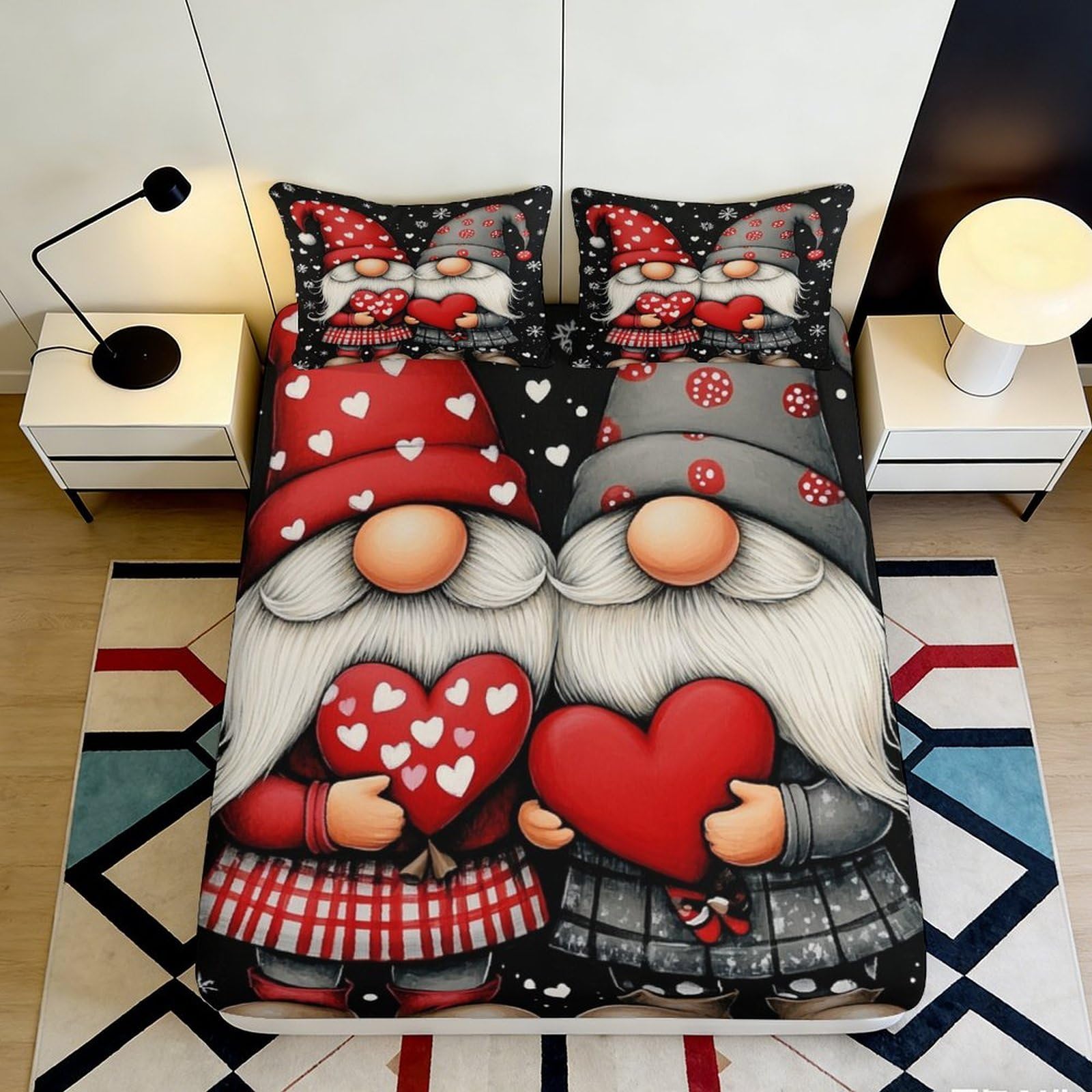 3D Printed Valentine Gnome Fitted Sheet Microfiber Soft Red Heart Dwarf Bed Cover for Bedroom Guest Room 200x200x25cm