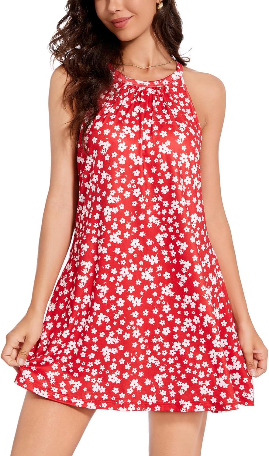 ANYFITTING Summer Dress with Built in Bra Casual Beach Sundress Flowy Halter Mini Short Dresses for Women 2025