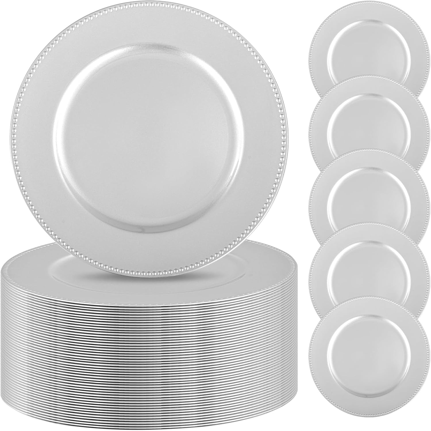 50 Pcs Silver Charger Plates Bulk,13 inch Round Beaded Plate Chargers for Dinner Plates, Decorative Dinner Chargers Plastic Table Chargers for Wedding Holiday Party Event Decoration Silver 50 Pack-13 inch