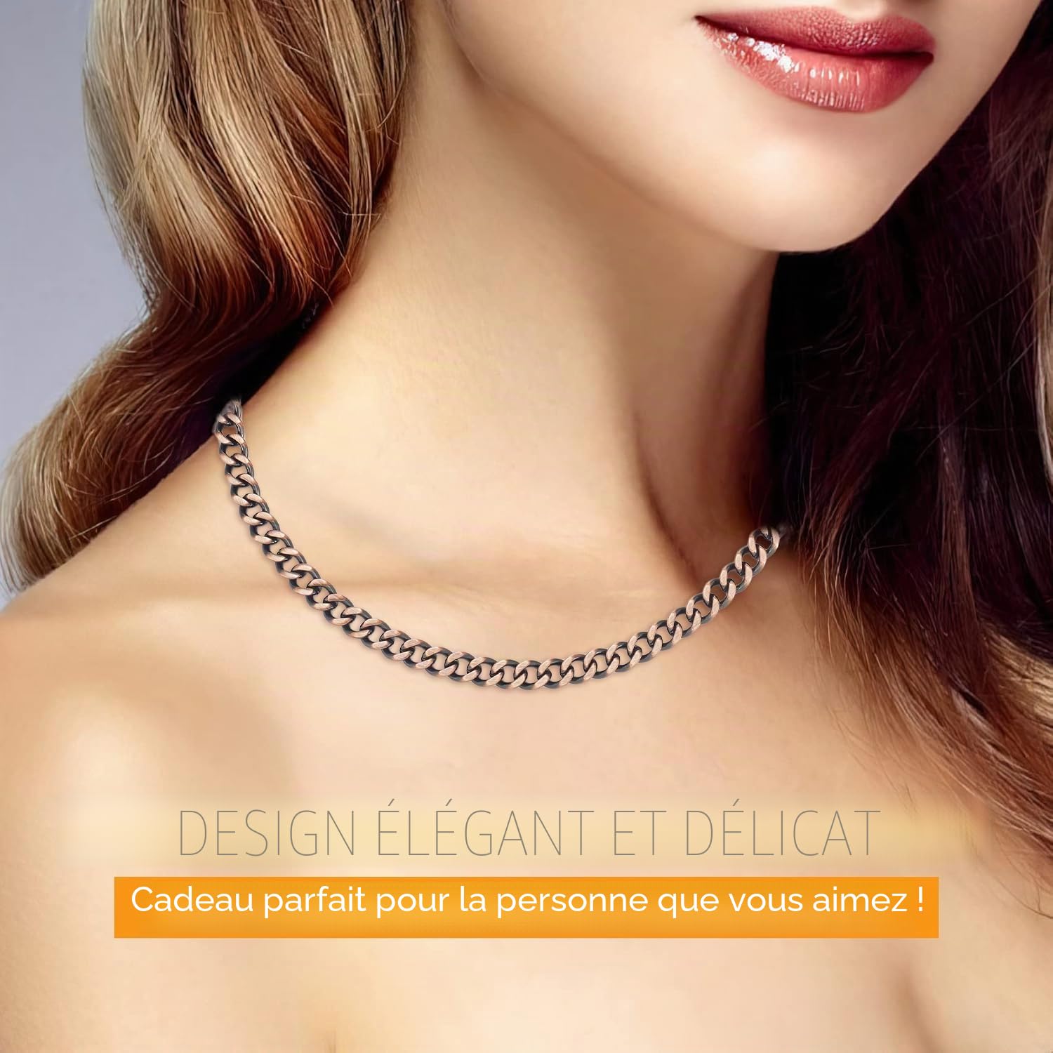Collier en cuivre pur 99,9% pour homme et femme, chaîne en cuivre pur, bijoux réglables (50 cm)