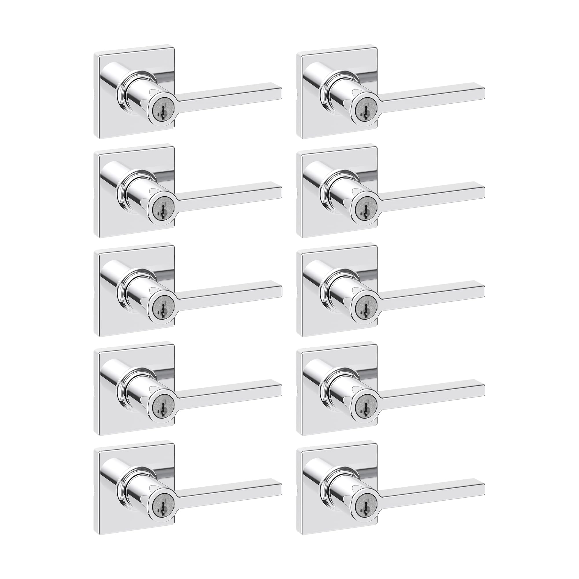 Kwikset Casey Entry Door Handle with Lock and Key, Secure Keyed Reversible Lever Exterior, for Front Entrance and Bedrooms, Polished Chrome, 10 Pack, Pick Resistant SmartKey Rekey Security