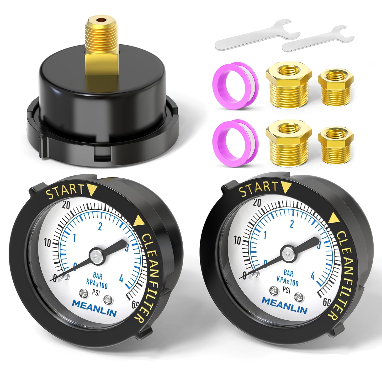 MEANLIN MEASURE 0~60Psi 1/4" NPT Start and Clean Filter Pressure Gauge, Suitable for Swimming Pool, Spa, Aquarium, Center Back Mount(Pack of 2), with