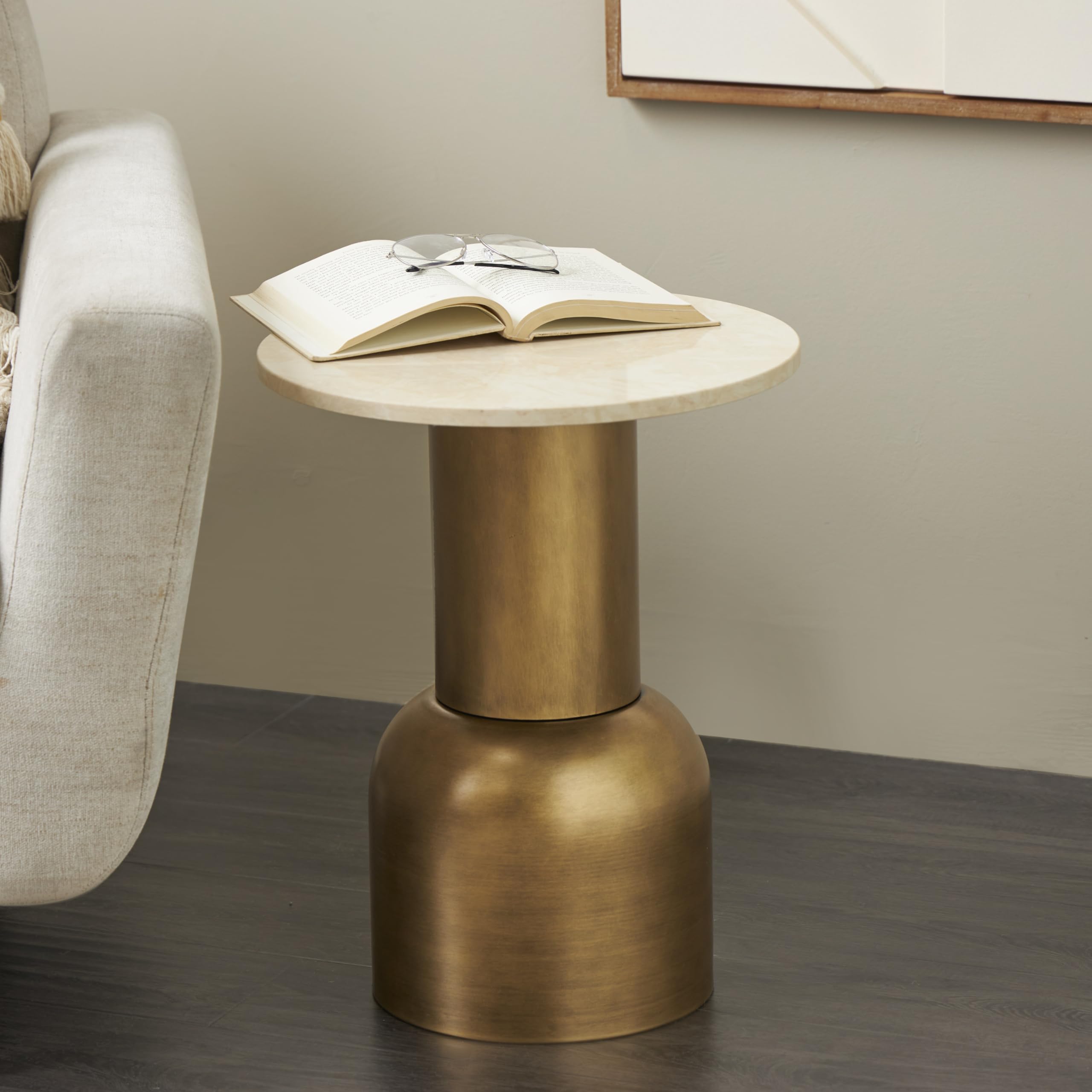 Deco 79 Metal Side End Accent Table Pedestal End Table with Cream Marble Tabletop, Side Table 16" x 16" x 20", Gold