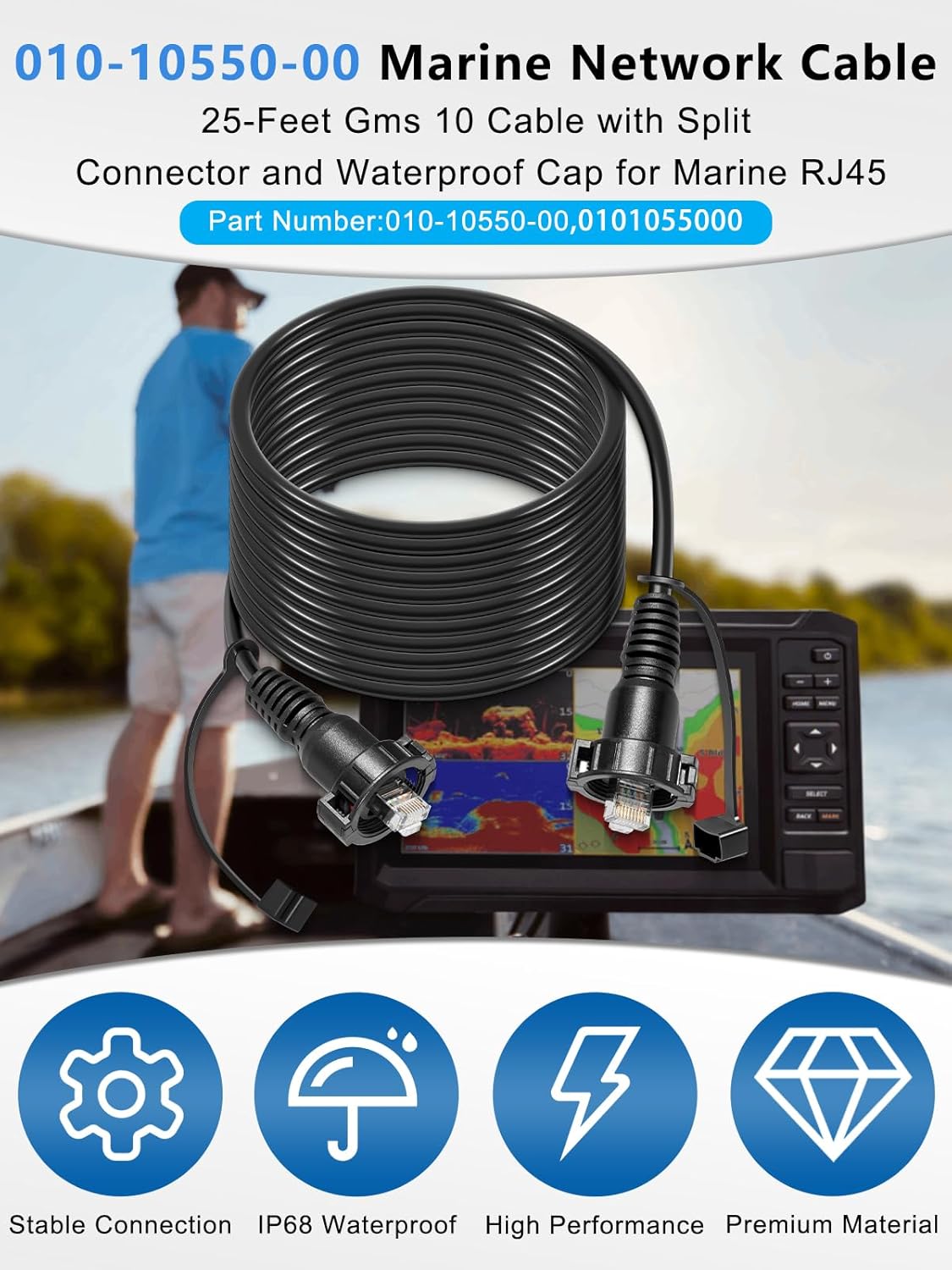 010-10550-00 Marine Network Cable,GMS 10 Cable 25 Feet with Split Connector and Waterproof Cap for Marine RJ45 Compatible with Garmin Navigation Screen Devices