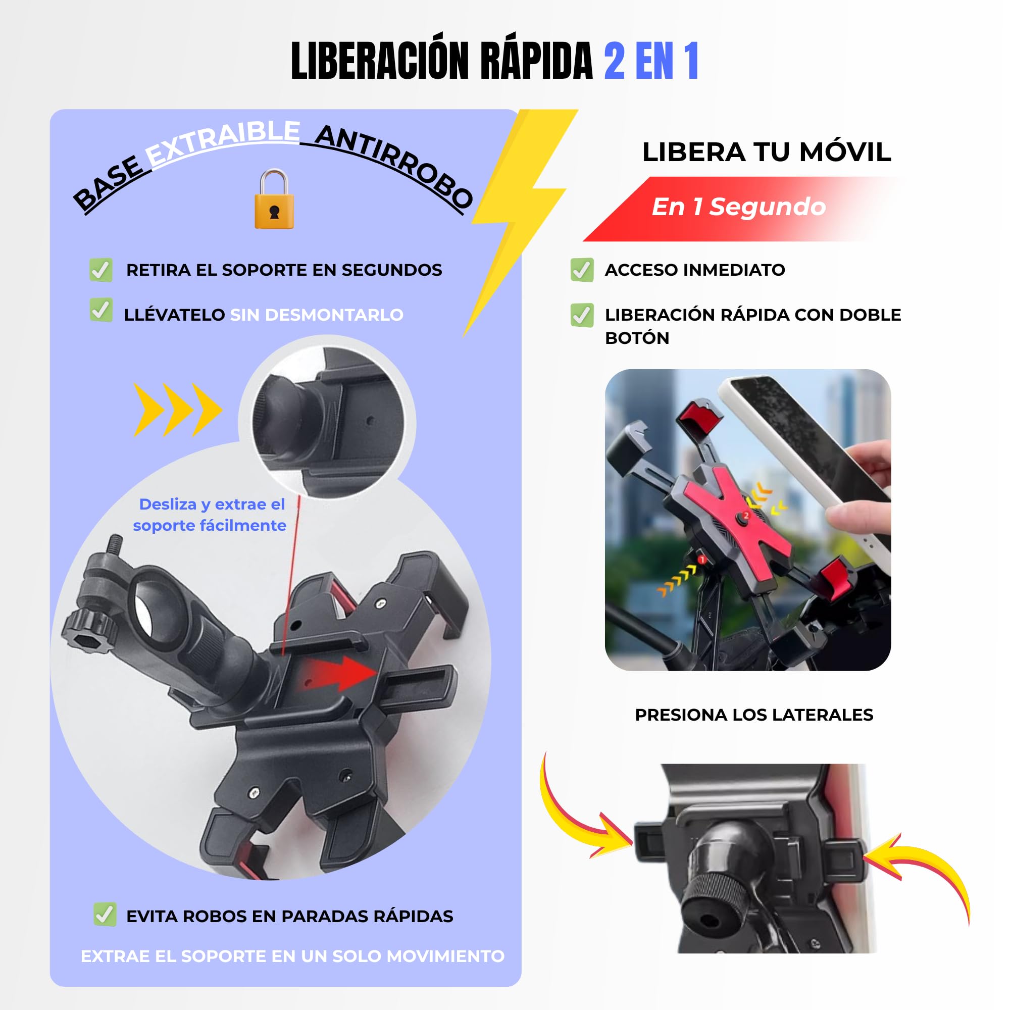BIBRABY® Soporte móvil Moto de Manillar | Soporte movil Bicicleta | Patinete eléctrico | Soporte telefónico Desmontable | Giro 360º | Compatibilidad Universal 4,5-7'' (Negro) — view 2