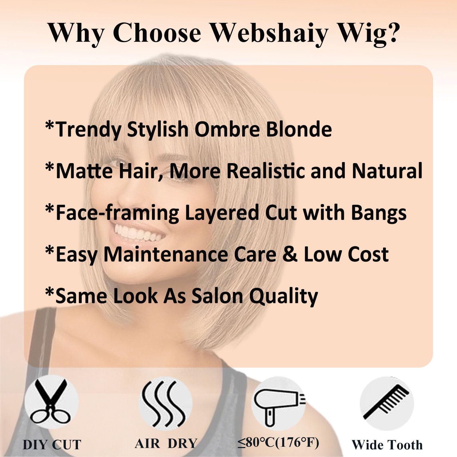 Perruque Femme Naturelle Perruque Bob Dégradée Court avec Frange Volume et Style pour Quinquagénaires Grand-mère Couvre Cheveux Blancs Perruques Synthétique Naturels Blond Clair Ombré