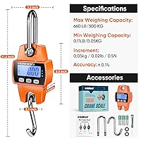 Vista 4 de Báscula colgante digital RoMech de 300 kg con carcasa de aluminio fundido, báscula de grúa mini de 660 lb portátil con ganchos para granja, caza
