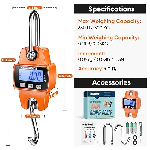 Vista 4 de Báscula colgante digital RoMech de 300 kg con carcasa de aluminio fundido, báscula de grúa mini de 660 lb portátil con ganchos para granja, caza
