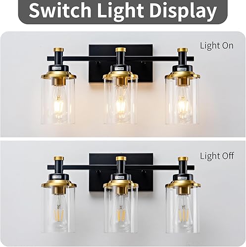 Miniatura 3 de Lámpara de baño de 3 luces, lámpara de tocador negra y dorada cepillada sobre el espejo, moderna lámpara de pared para baño, dormitorio, pasillo con