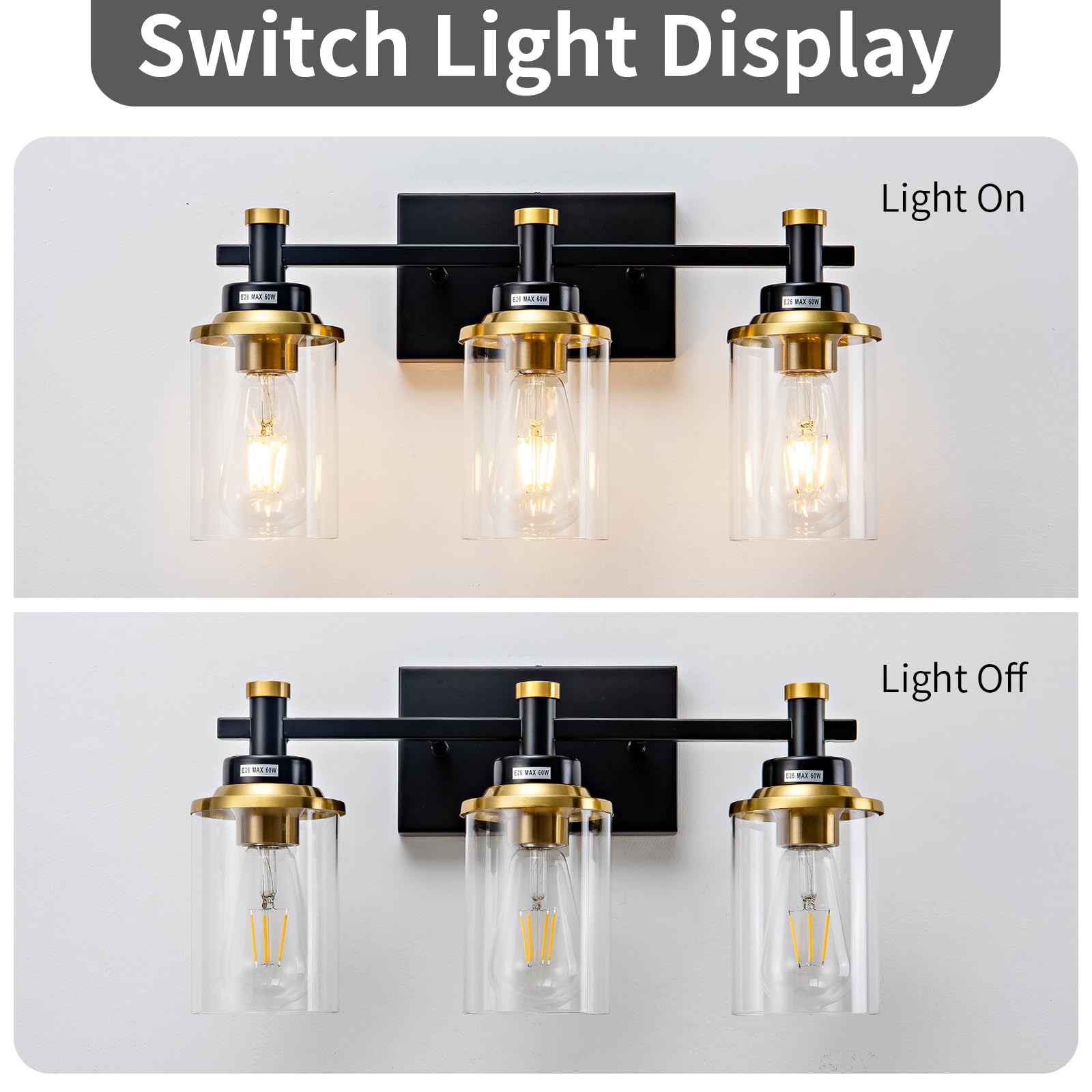 3 Light Bathroom Light Fixtures Black and Brushed Gold Vanity Light Fixture Over Mirror Modern Wall Sconces Lighting — view 3