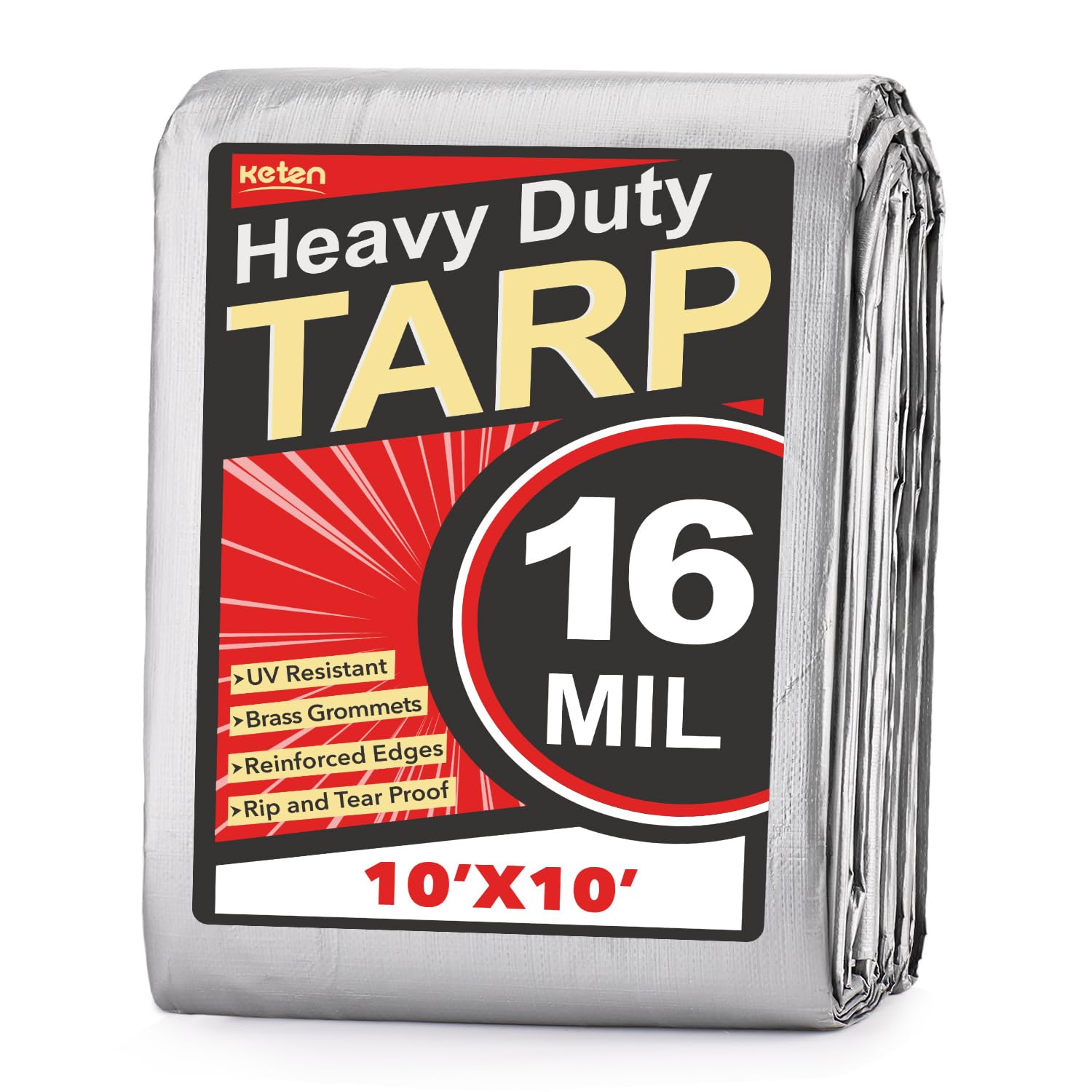 Keten Tarps Heavy Duty Waterproof 10X10 Feet, Extra Thick 16 Mil, Tear & Fade Resistant, UV Blocking, Outdoor Tarp with Reinforced Grommets for Roof, Camping, Patio, Pool, Boat(Silver/Black)