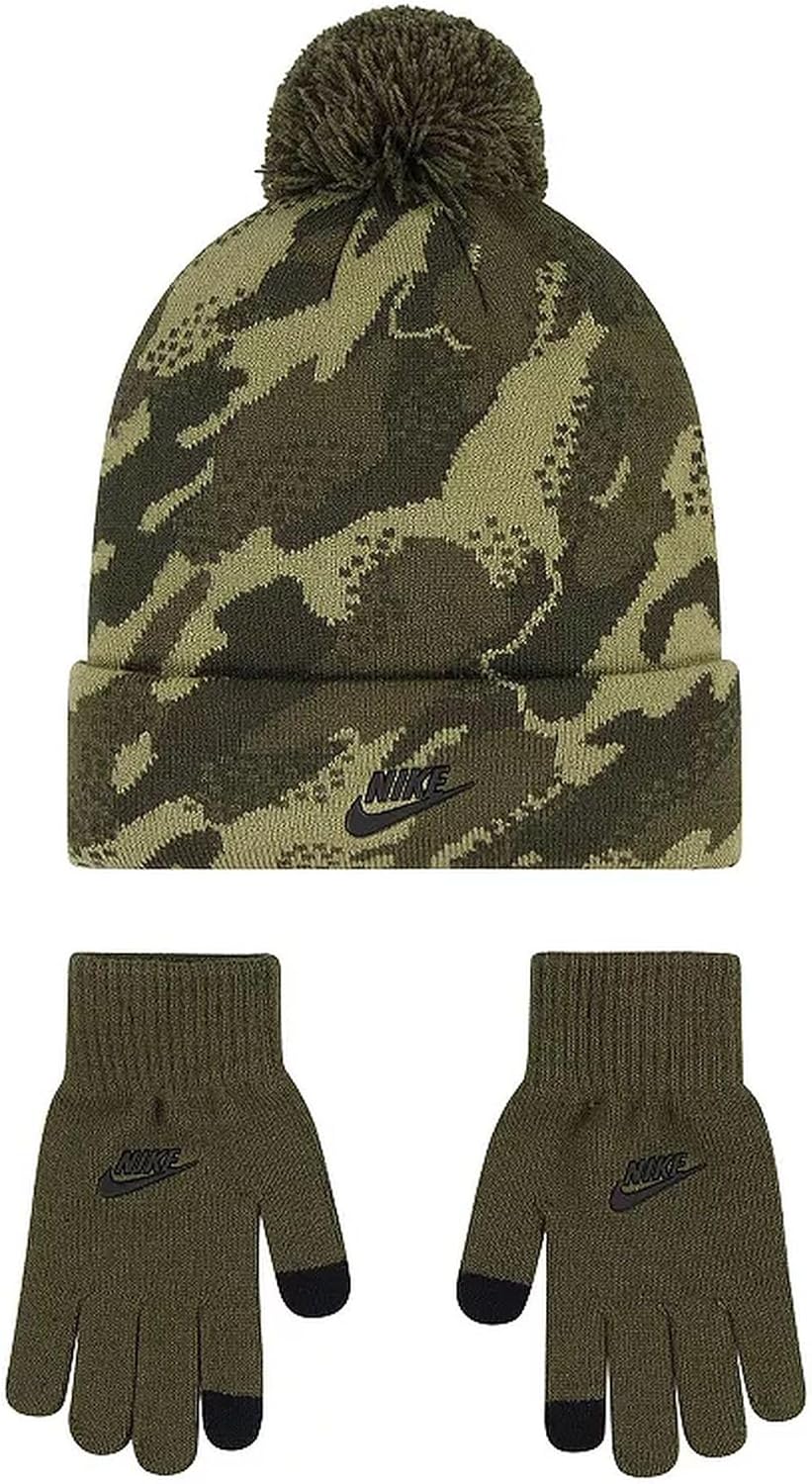Nike Big Boys 2 Piece Pom Beanie Hat and Gloves Set (One Size, Neutral Olive)