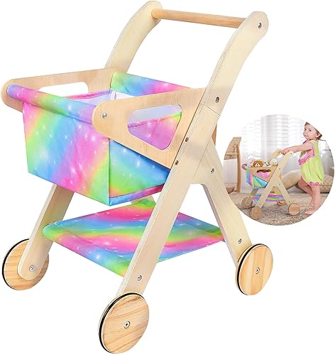 Miniatura 8 de FIOBEE Carrito de compras para niños Carrito de compras de juguete con cesta Juguetes de madera para bebés, carrito de comestibles para niños y
