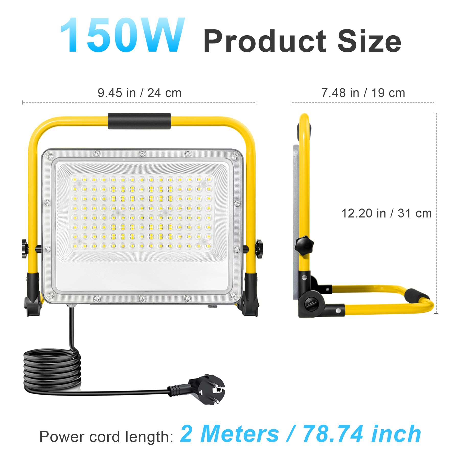 Lampa Robocza LED 150W 15000 Lumenów 6500K Zimna Biel IP66 Wodoodporna ze Stojakiem Kabel 2m – Plac Budowy, Remont Domu, Oświetlenie Płyty G-K