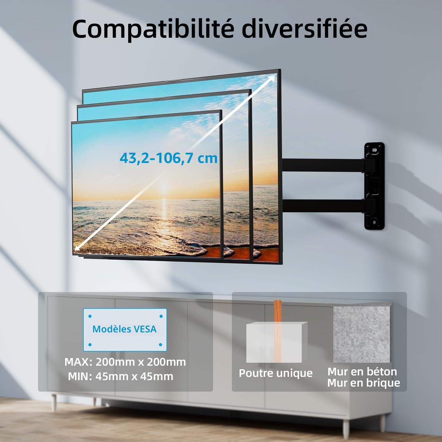 Support Mural TV d'angle Bras Long 17-42 Pouces, VESA 200x200, Charge 15 kg