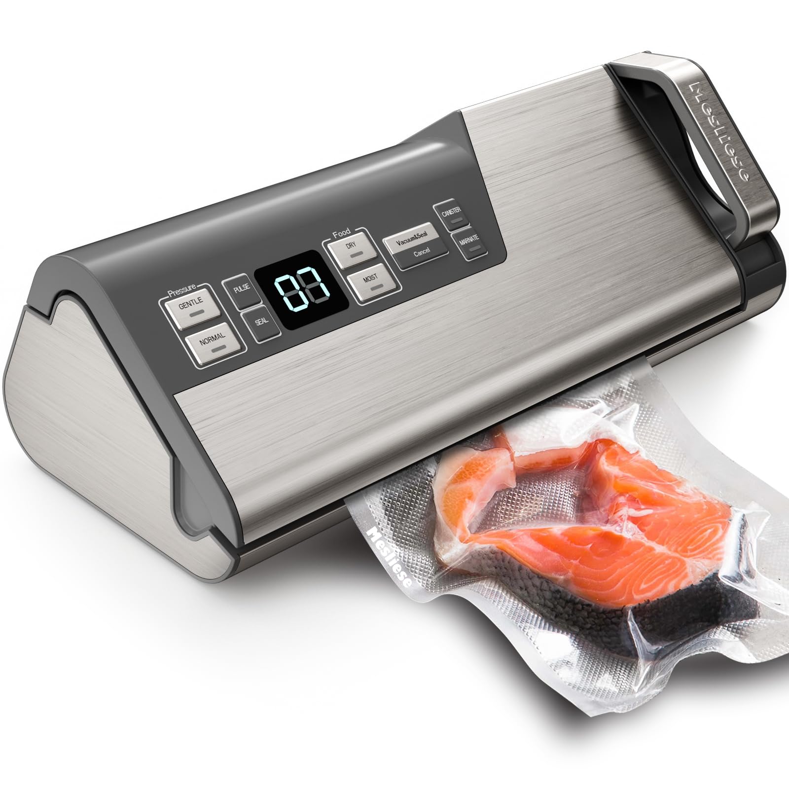 Mesliese Vacuum Sealer 95kPa 140W, 20L/min Suction, Food Sealer | Double Seal for Leak-Proof Storage, Built-in Cutter & Roll Storage, 2 Rolls & 5 Pre-cut Bags, LED Timer Display