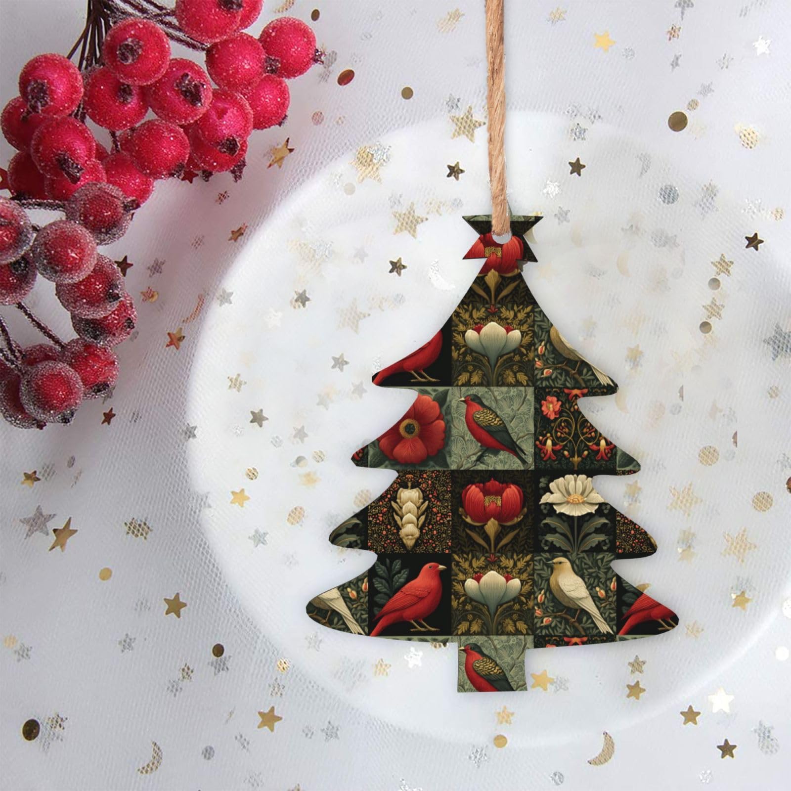 Lot de 6 décorations de Noël scandinaves en bois naturel avec oiseaux et motifs pour sapin de Noël rustique et confortable