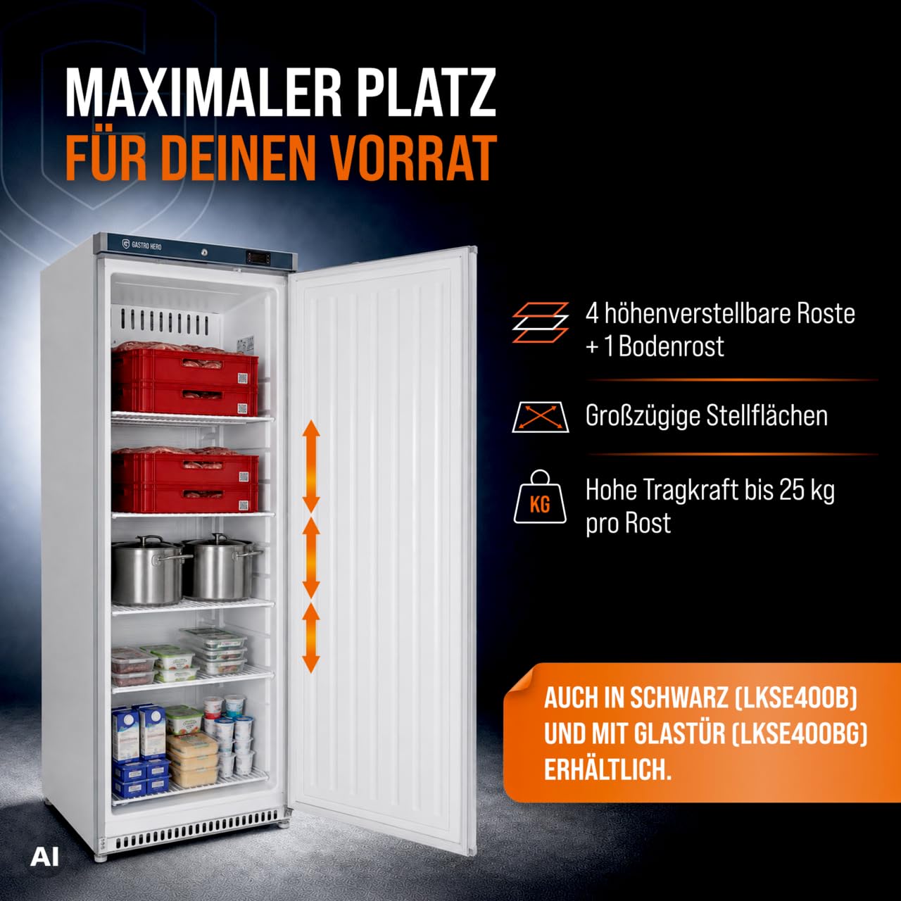 GastroHero Lagerkühlschrank 336 L, 5 Böden, Weiß LKSE400