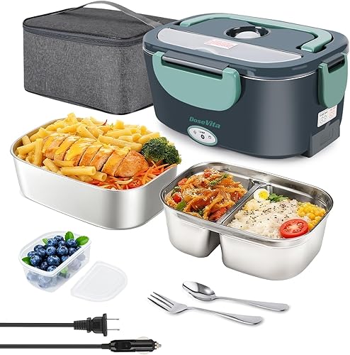 Miniatura 10 de Lonchera Eléctrica para Adultos, Lonchera Calentada de 80W 1.5L de Acero Inoxidable 304, Calentador de Alimentos Portátil de 12/24/110V, Lonchera
