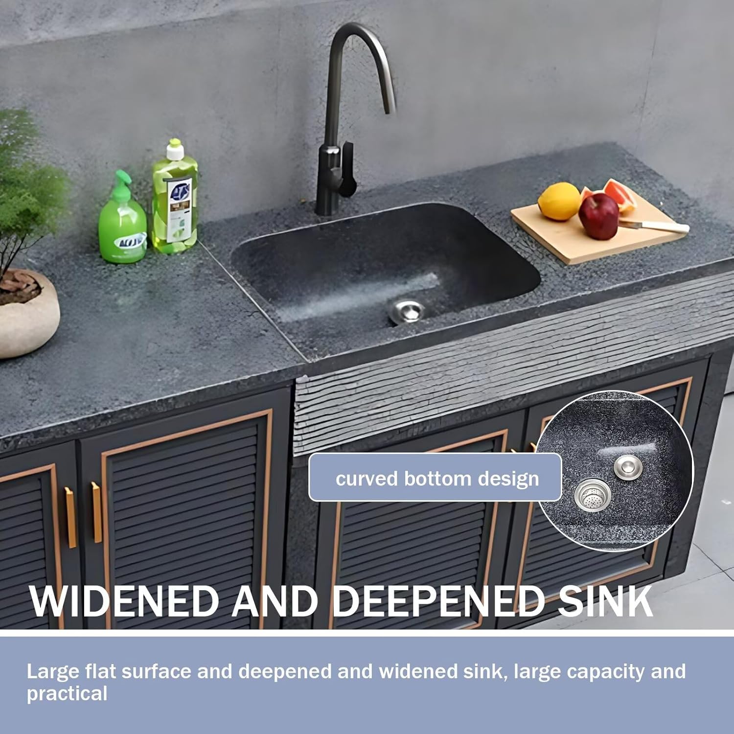 Outdoor Kitchen Cabinet - Marble Sink Cabinet with Countertop Includes Stone Carving Design & Striped Door,Outdoor Kitchen Table Includes Integrated Sink(59.05IN)