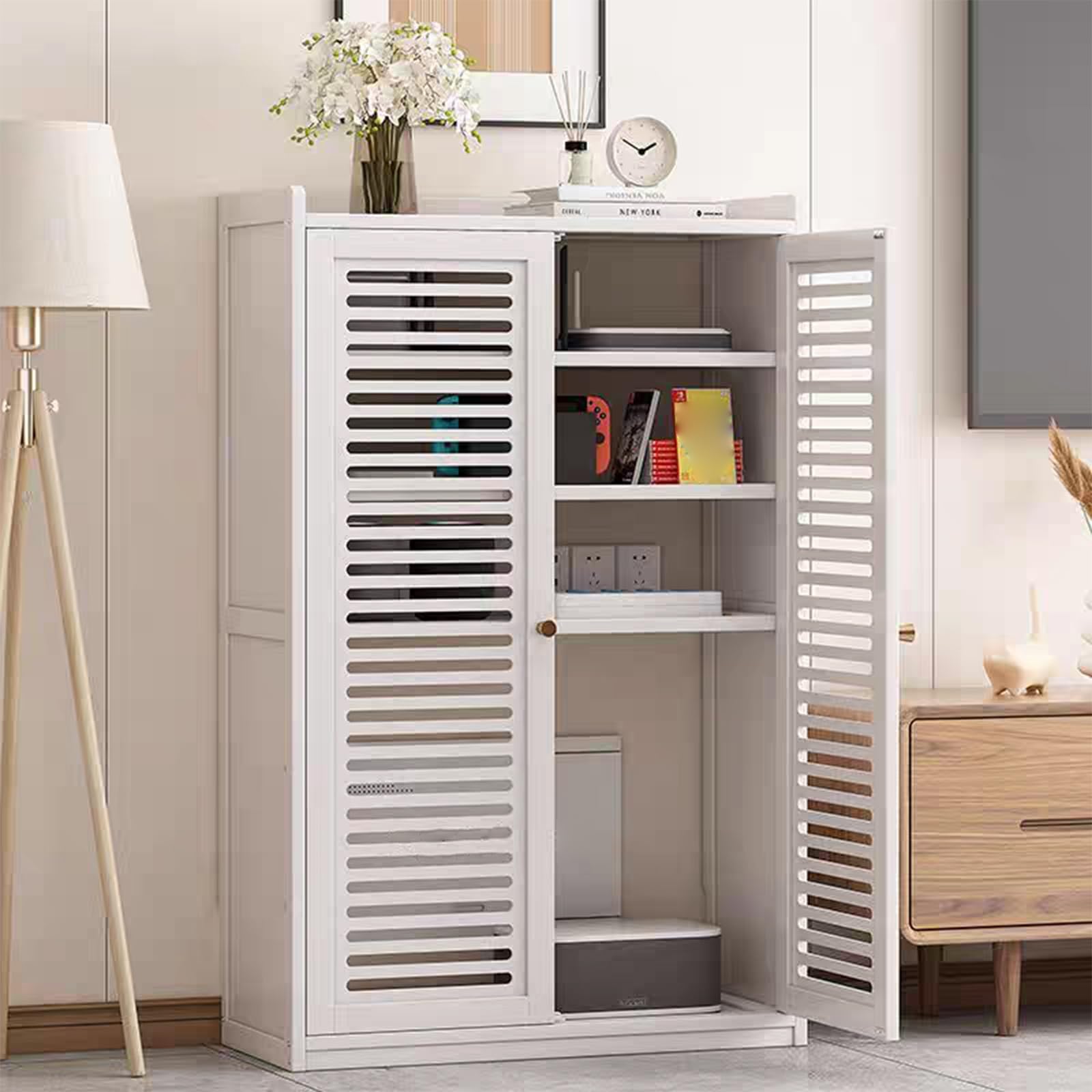 DECAKE WiFi Router Storage Cabinet, Power Strip And Cable Management Hider Organizer,Floor Standing Box Modem For Home Office, Stylish Design With Ventilation & Cord