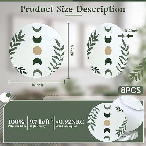 Miniatura 6 de Paquete de 8 paneles acústicos bohemios, redondos autoadhesivos de 14 x 14 x 0.4 pulgadas, paneles de pared insonorizados, decoración bohemia