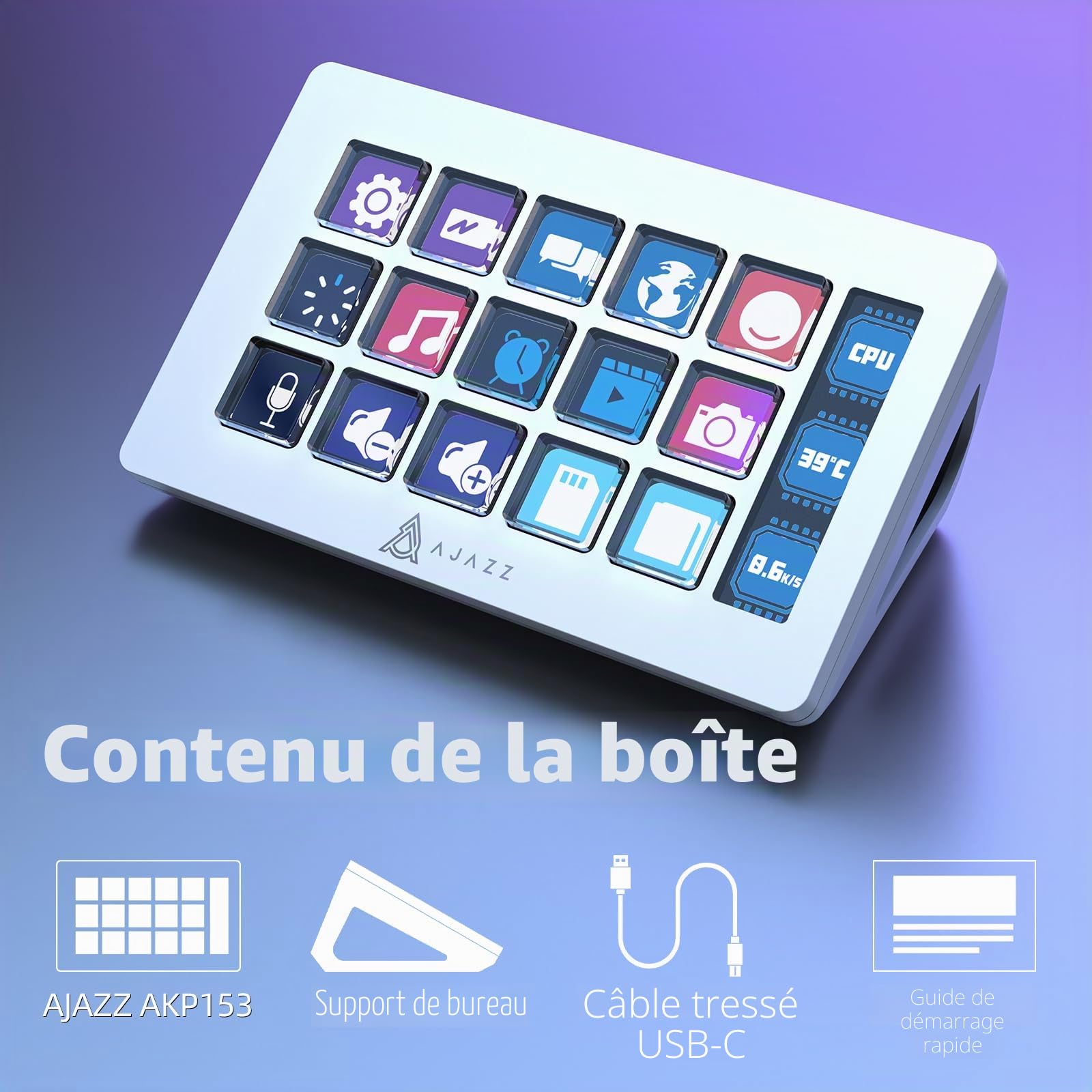 AJAZZ AKP153 Contrôleur de Stream, Studio Deck, 15 Touches Macro, Déclenchement d’actions dans les applications et les logiciels comme OBS, Twitch, ​YouTube et d’autres, avec Mac/PC, Blanc