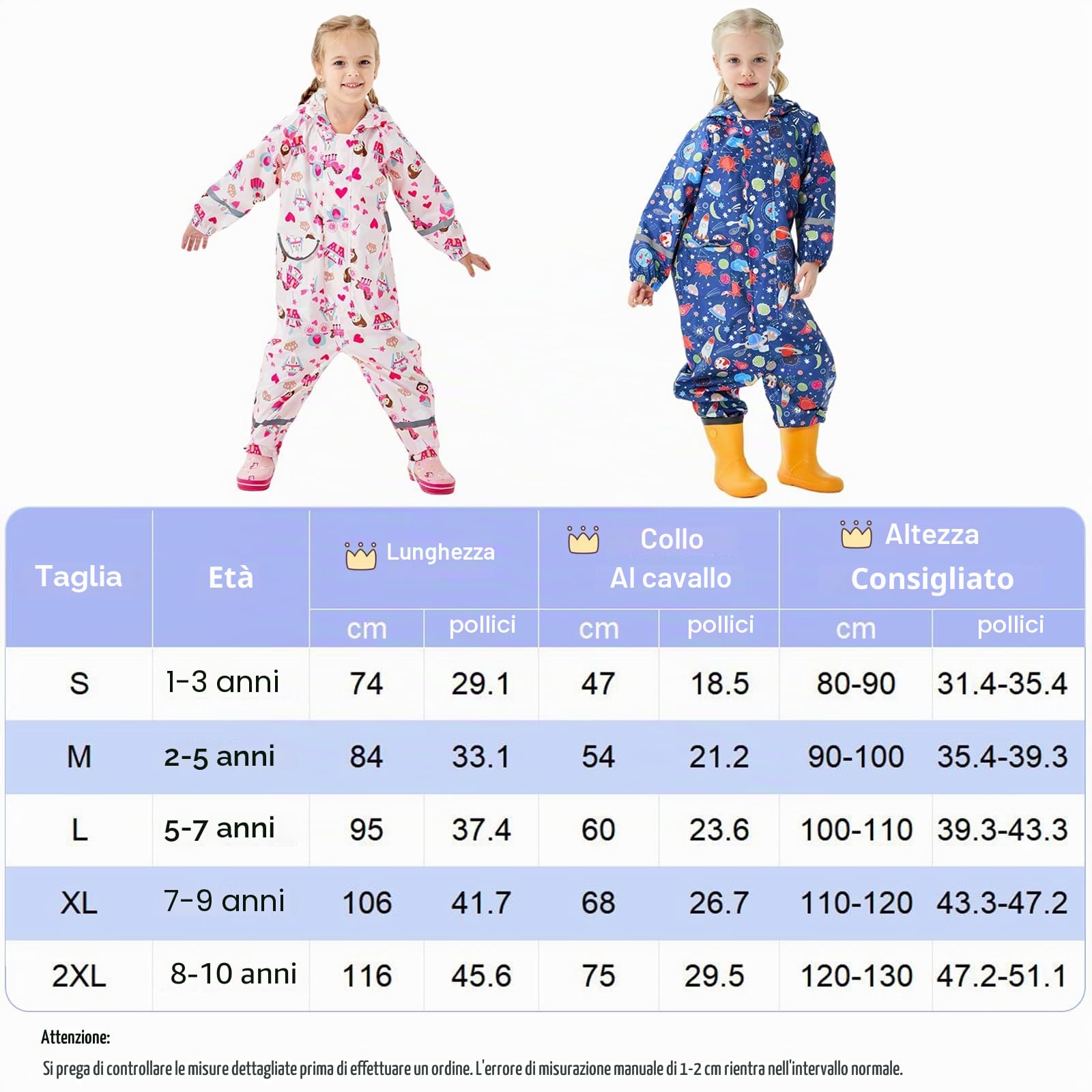 Bambini Impermeabile Ragazzi Ragazze Tuta da Pioggia Leggero Tutto in Uno Giacche Stampe Cartone Tutina Giacca da Pioggia Poncho Portatile 1-10 Anni