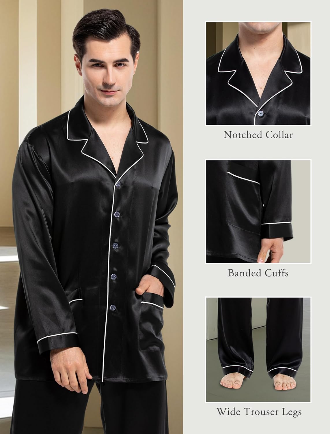 COLD POSH 100% 19MM Mulberry Silk Pajamas for Men Soft Lightweight Mens Silk Pajama Set for Valentines Pjs - Image 3