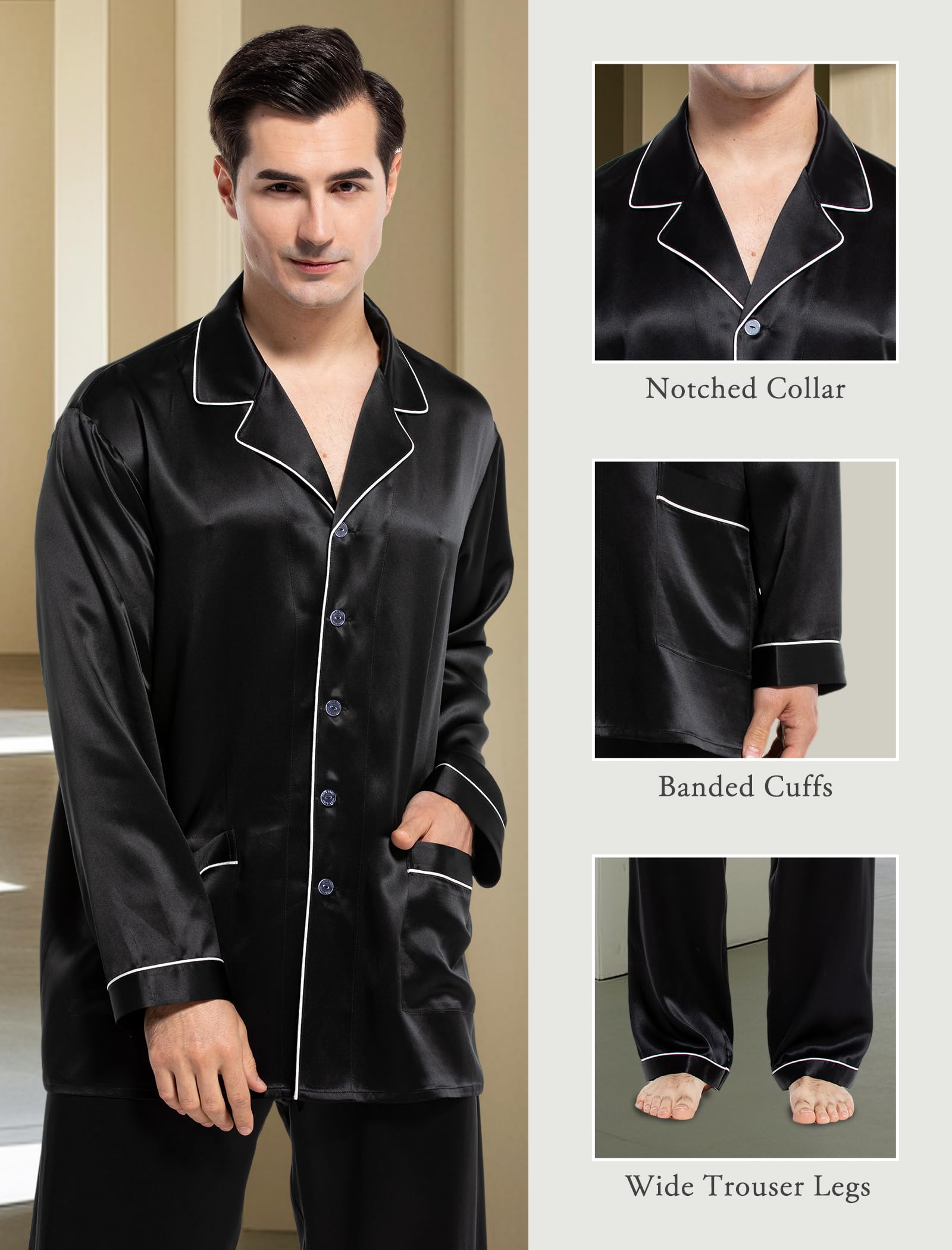 COLD POSH Herren Seide Schlafanzug Pyjama Homewear 19 Momme Nachtw?sche mit Langen ?rmel Loungewear