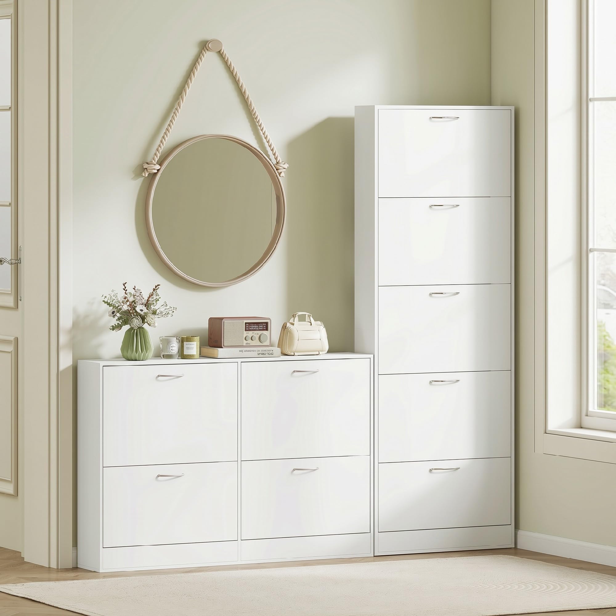 HOMCOM Scarpiera Salvaspazio Slim Alta 5 Ante 65x17x180.5 cm Bianco | Ante a Ribalta, Porta Scarpe per 15 Paia con Maniglia, Mobiletto Ingresso con Piano Superiore Portaoggetti